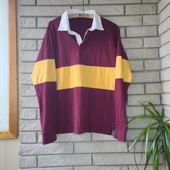 Retro 'Unbranded' burgundy/yellow striped long-sleeve rugby shirt men's L - Picture 1 of 2